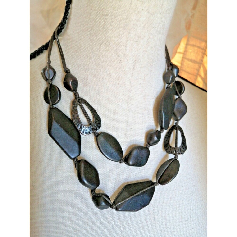 Vintage  Boho Double Strands Stone Metal Motif necklace